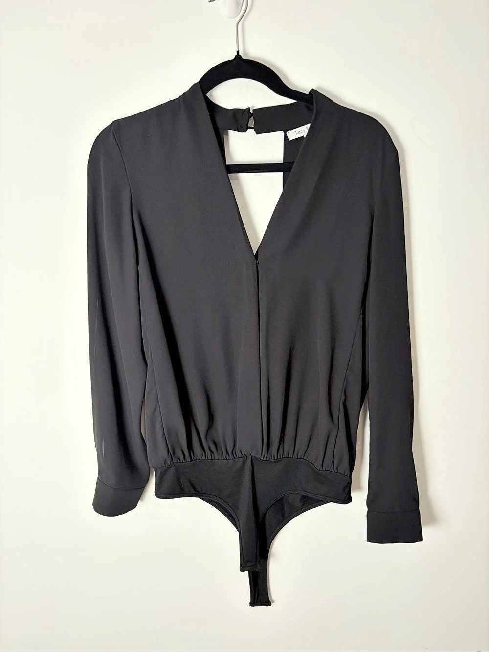 Lucy & Co Black Plunge V Neck Long Sleeve Open Back Bodysuit L